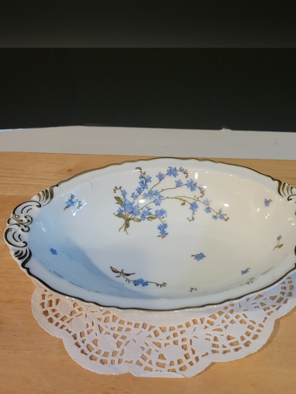 Vintage Haviland Montmery Forget Me Nots 10" Oval Serving Bowl Blue Gold Trim